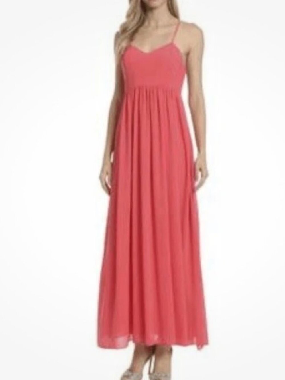NWT Belle Badgely Mischka Bethany Chiffon Criss Cross Back Maxi Dress. Size 12